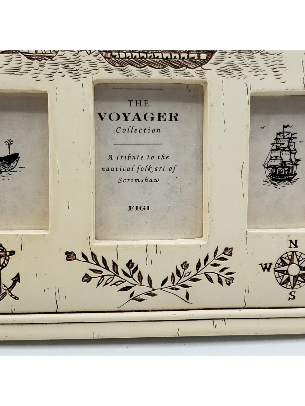 FIGI Nautical Folk Art Faux Scrimshaw 3 Picture Photo Frame Voyager Collection